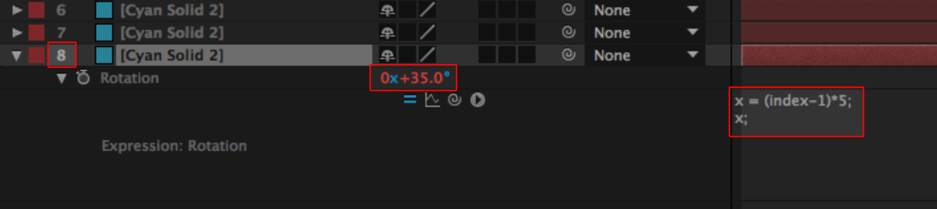 Index Expression in After Effects: Setting start values, step 2