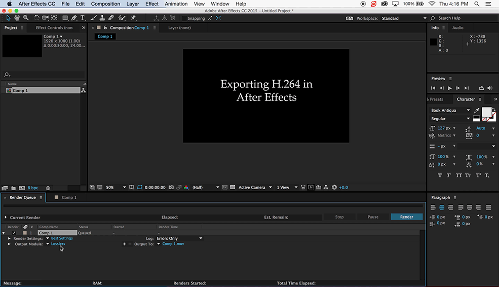 How to Export H.264 Video in After Effects - Step 2. Open Output Module, Set Format to QuickTime