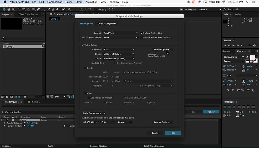 How to Export H.264 Video in After Effects - Step 3. Click "Format Options," Set Video Codec to H.264, Set Quality to 100